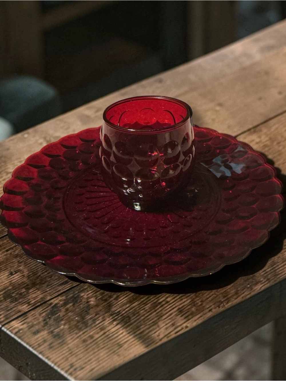 🌼VTG  Anchor Hocking "Royal Ruby" Bubble pattern Tumbler and Plate set